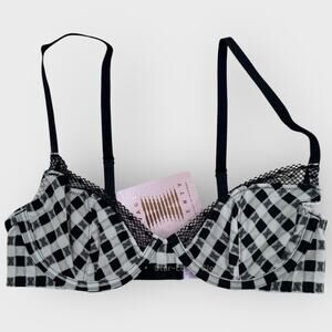 Savage X Fenty Gingham Remix Unlined Plunge Bra | 32C Black White Sexy Lingerie